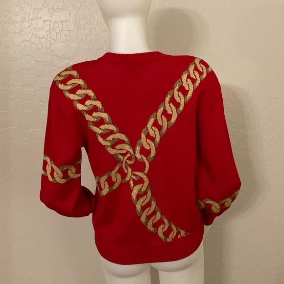 St. John Collection Red/Gold Embroidered Paris Chain Santana Knit Sweater Size 2 - Picture 7 of 12